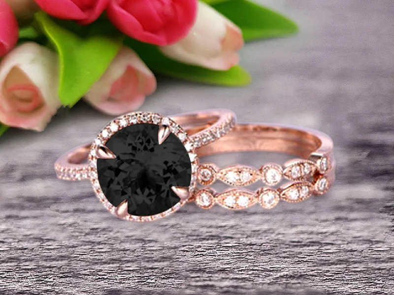 emerald and diamond engagement rings -Trio Set Big Black Diamond Moissanite Wedding Ring Set Engagement Ring On 10k Rose Gold Stacking Matching Band Round Cut Gemstone Personalized for Brides