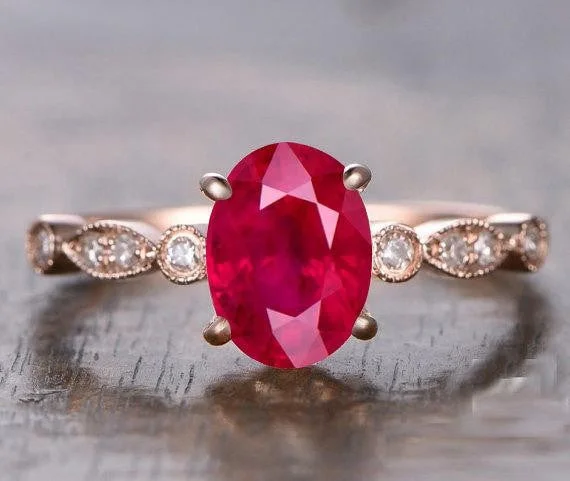 engagement rings with black diamonds -1.25 Carat Ruby and Moissanite Diamond Engagement Ring in 10k Rose Gold for her