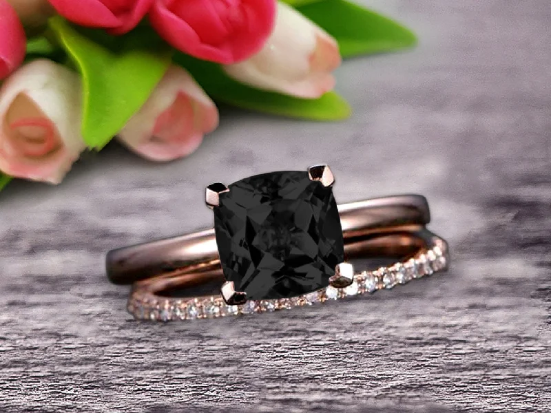 elegant engagement rings -Shining Bridal Set Cushion Cut Gemstone 1.25 Carat Black Diamond Moissanite Engagement Ring Set Handmade Solid 10k Rose Gold Art Deco