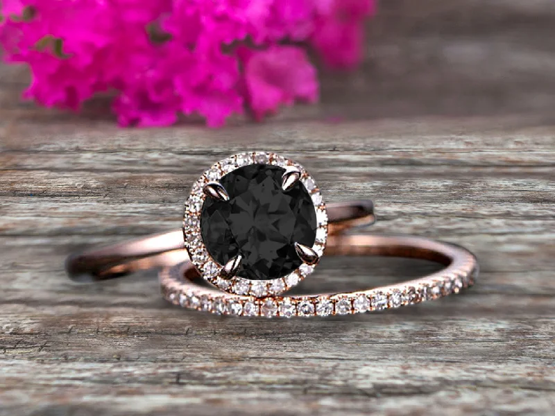 trendy engagement rings for women -Round Cut 1.50 Carat  Black Diamond Moissanite Engagement Ring Bridal Set 10k Rose Gold Art Deco Matching Wedding Band Anniversary Gift