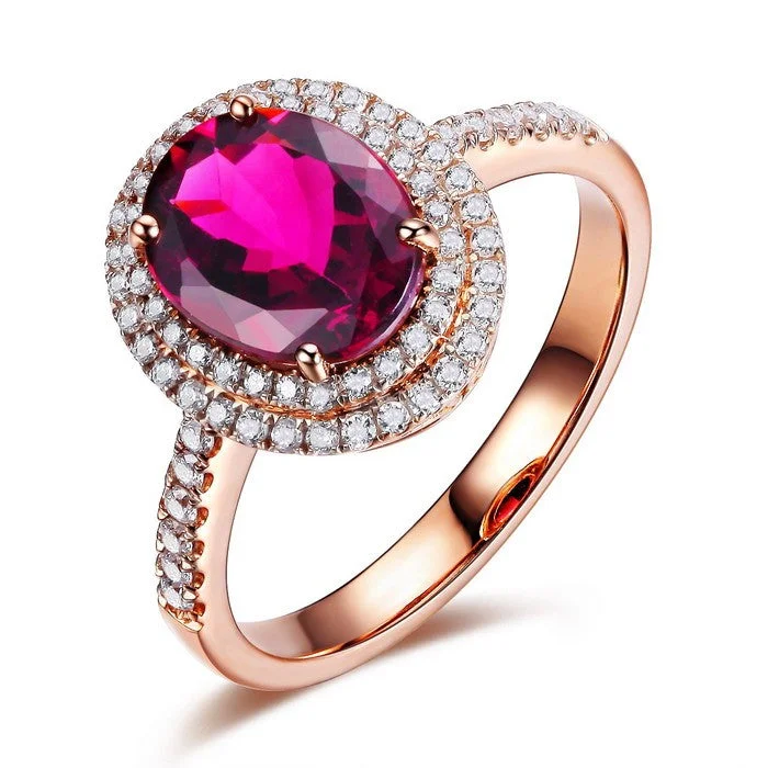 custom-made engagement rings for women -Designer 2 Carat Ruby and Moissanite Diamond Halo Engagement Ring in Rose Gold