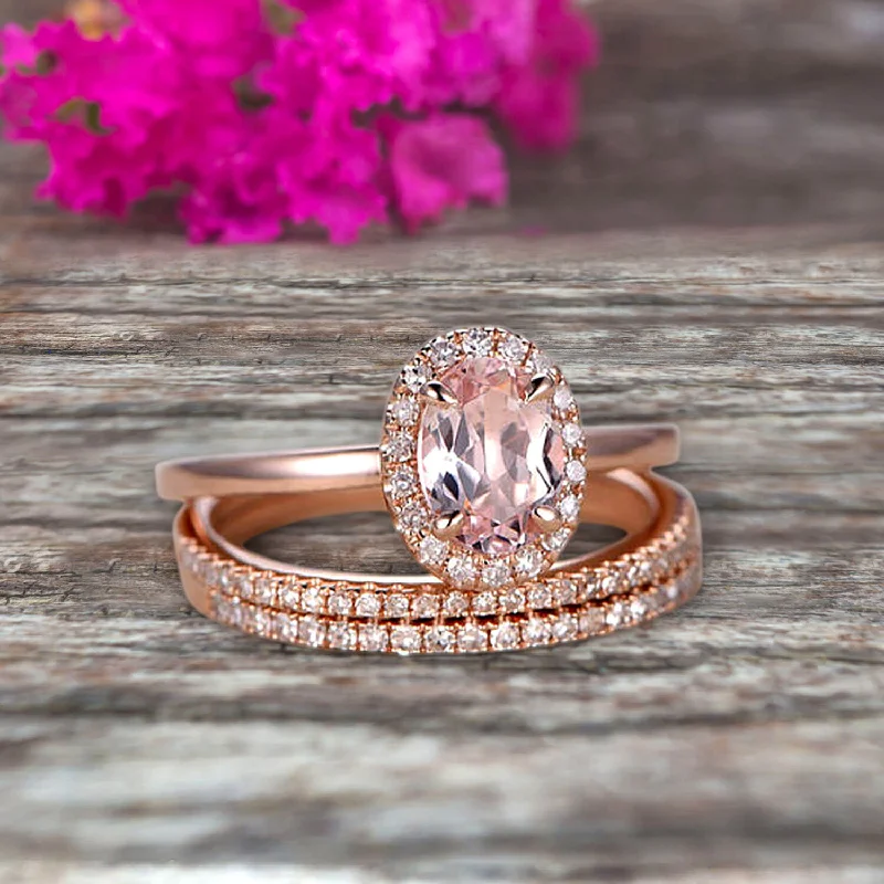 women’s contemporary engagement rings -3Pcs 1.75 Carat 10k Rose Gold Morganite Engagement Ring Set Wedding Set Promise Ring for Bride Oval Cut Gemstone Pink Morganite Anniversary Ring