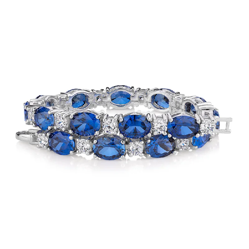 engraved bracelets for women -Oval and Round Brilliant tennis bracelet with sapphire simulants and 3.36 carats* of diamond simulants in sterling silver