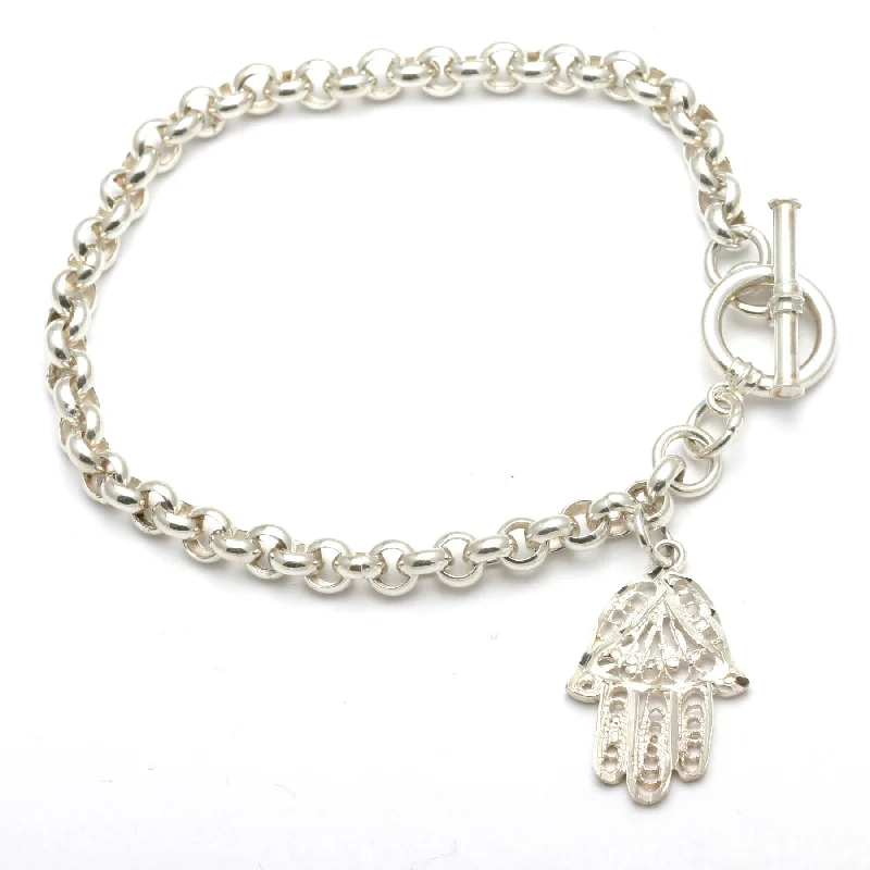 stacked bracelets for women -Sterling Silver Hamsa Charm Bracelet Filigree