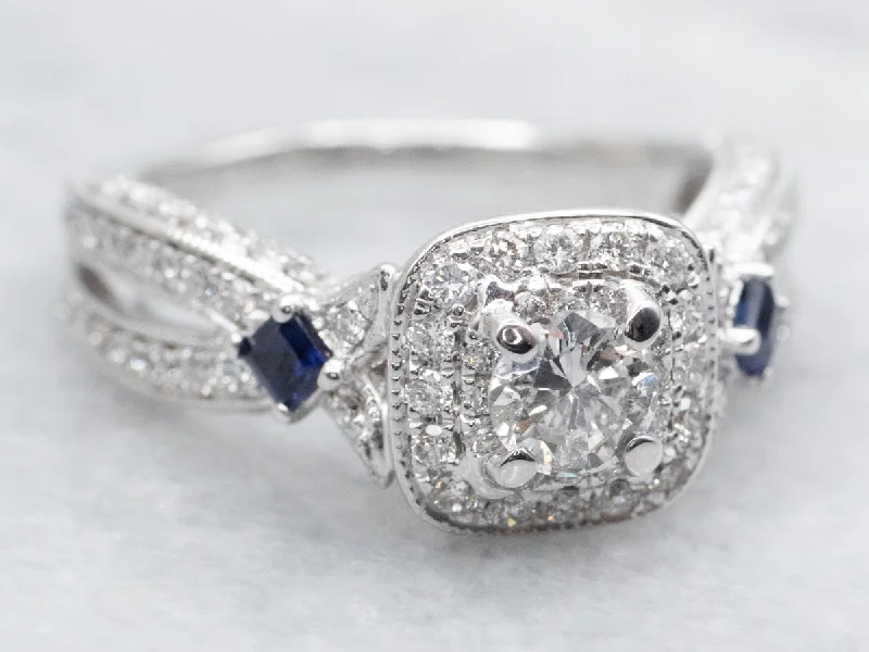 classic princess cut engagement rings -Modern Diamond Halo and Sapphire Accent Engagement Ring