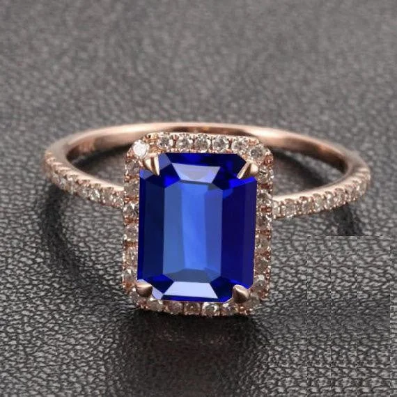 oval cut engagement rings for women -1.50 Carat Blue Sapphire and Moissanite Diamond Engagement Ring in 10k Rose Gold