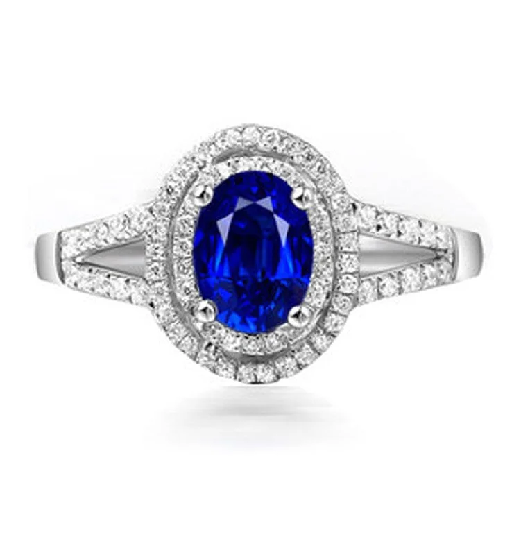 modern engagement rings for women -2 Carat oval cut Blue Sapphire and Moissanite Diamond Halo Engagement Ring in White Gold