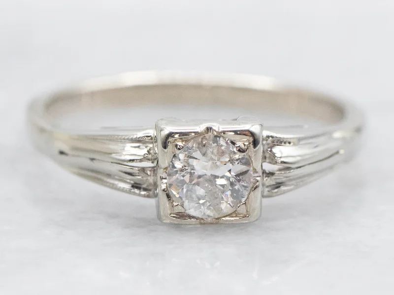 personalized engagement rings -Vinatge White Gold Diamond Solitaire Engagement Ring