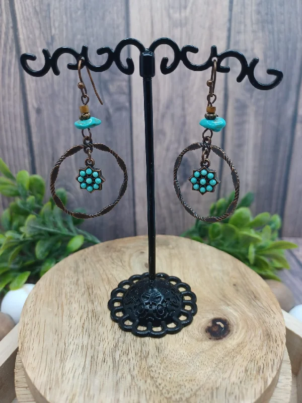 drop earrings for women -Copper Earrings w/ Turquoise Beading Accents & Flowers