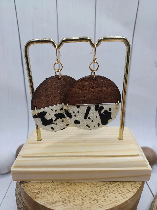 artistic earrings for women -Wooden & Faux Cow Print Hinged Earrings