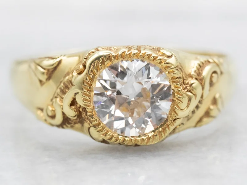 platinum diamond engagement rings -Ornate Scrolling Gold Old Mine Cut Diamond Solitaire Engagement Ring