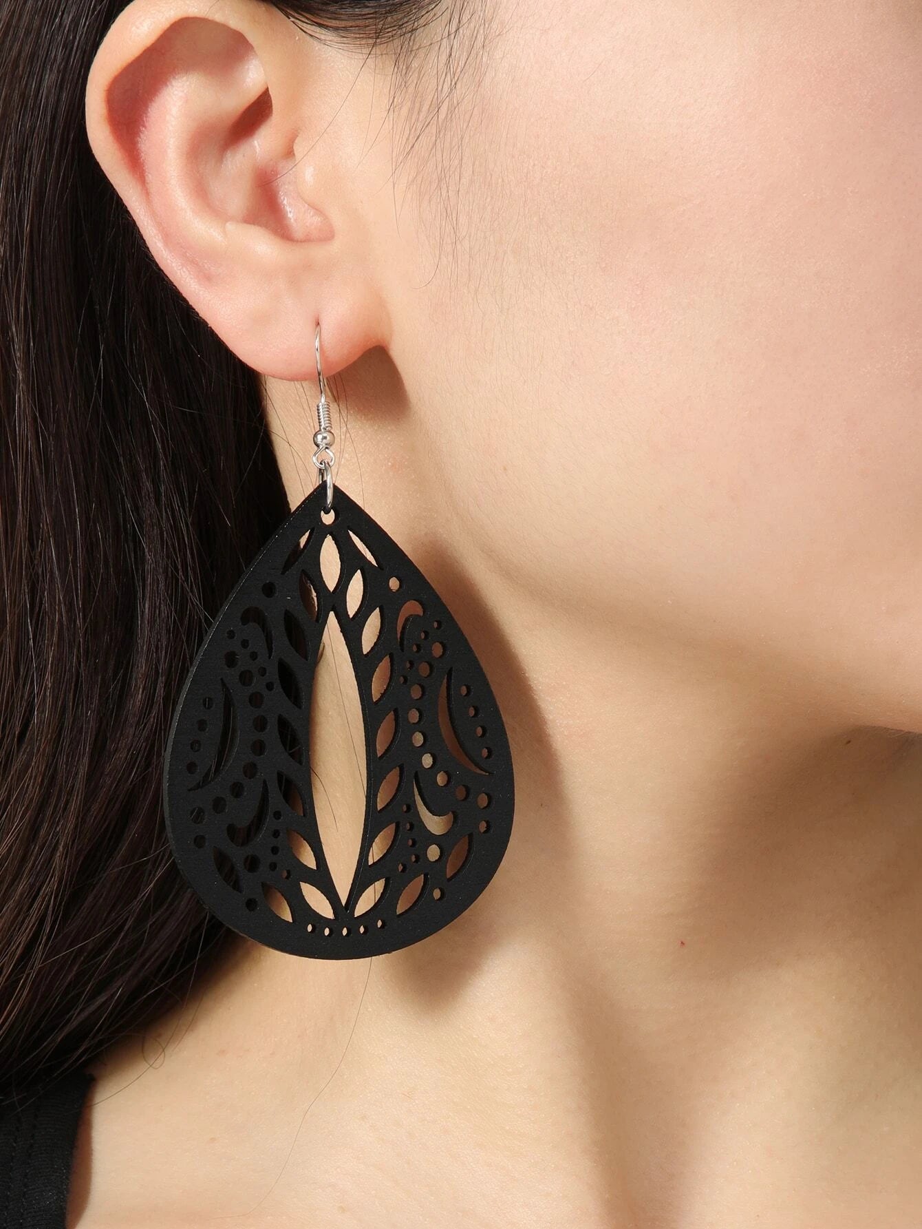 fashion-forward earrings for women -Black Wooden Cutout Teardrop Shaped Earrings