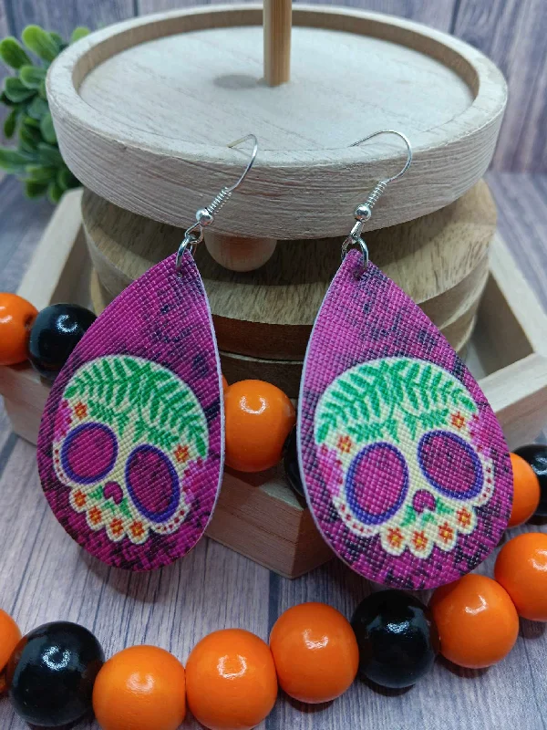 luxury earrings for women -Purple Day of the Dead Skeleton Leather Style Earrings