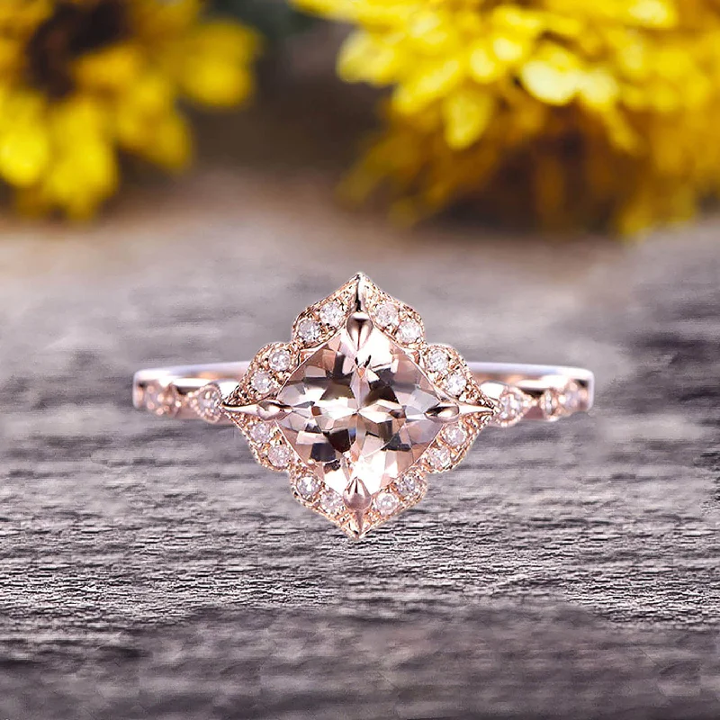 solitaire engagement rings for women -10k Rose Gold Morganite Halo Engagement Ring With Cushion Cut 1.50 Carat Milgrain Art Deco