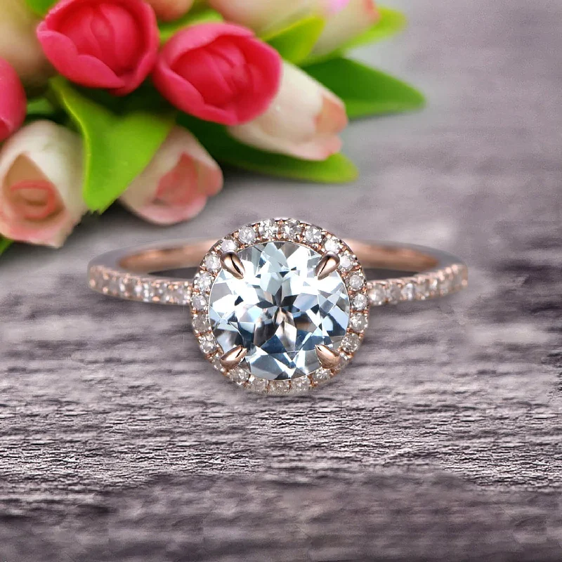 custom gold engagement rings -1.50 Carat Round Cut Aquamarine Engagement Ring Wedding Anniversary Gift On 10k Rose Gold Halo Design