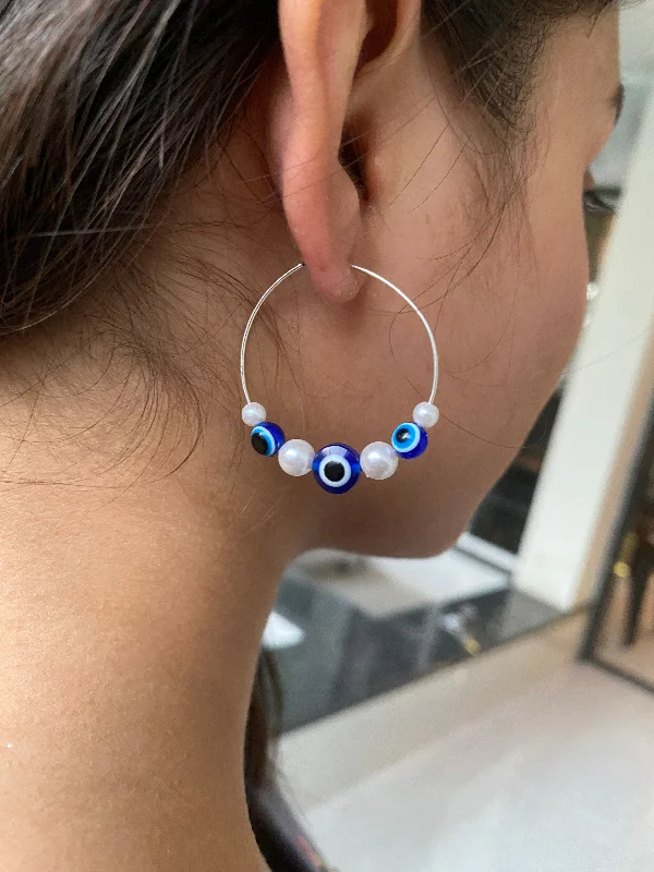 women’s trendy drop earrings -EVIL EYE WITH PEARLS HOOP EARRINGS