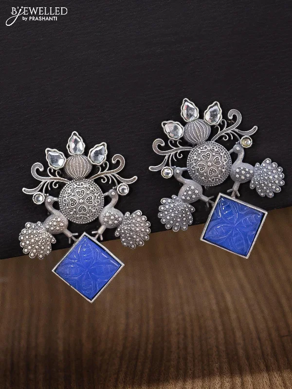 statement earrings for women -Oxidised earring peacock design with blue stones