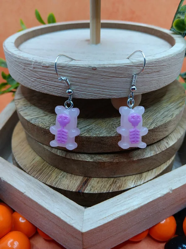 unique pearl earrings for women -Purple Gummy Bear Skeleton Earrings