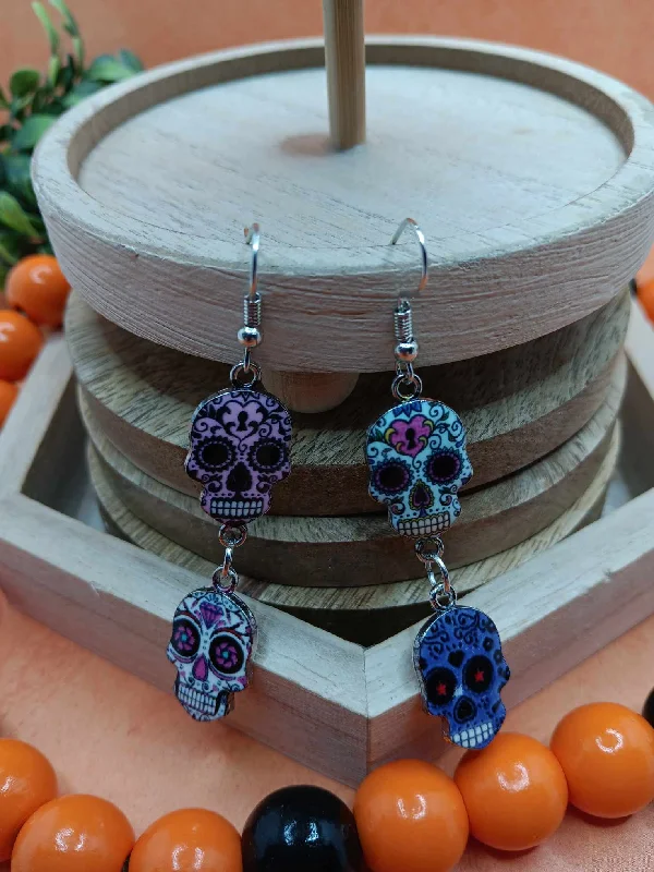 women’s bridal earrings -Purple & White Day of the Dead Skeleton Earrings