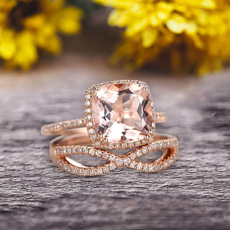 stunning engagement rings for women -Halo 2 Pcs 10k Rose Gold 1.75 Carat Cushion Cut Morganite Engagement Ring Set Custom Made Flaming Jewelry Twisted Across Matching Band Art Deco Anniversary Ring