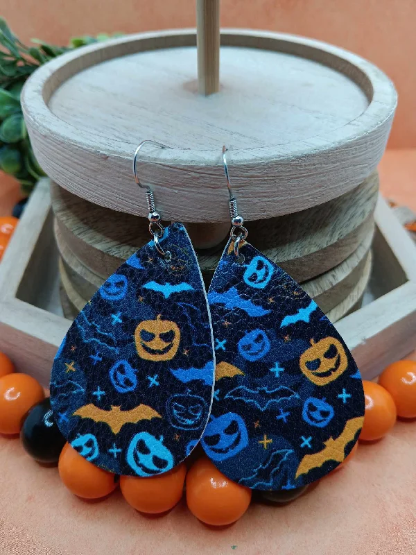 unique earrings for women -Blue Halloween Patterned Leather Style Earrings w/ Bats & Jack O' Lanterns