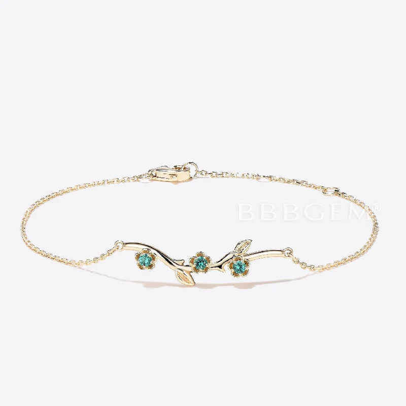 colorful bangles for women -14k Solid Gold Leaf Bracelet Nature Inspired Emerald Floral Bracelet