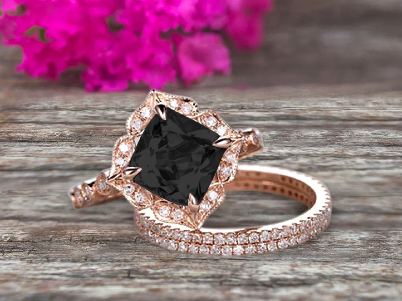 white gold engagement rings -Trio Set 10k Rose Gold 2 Carat Black Diamond Moissanite Wedding Set Engagement Ring Antique Stacking Matching Band Art Deco