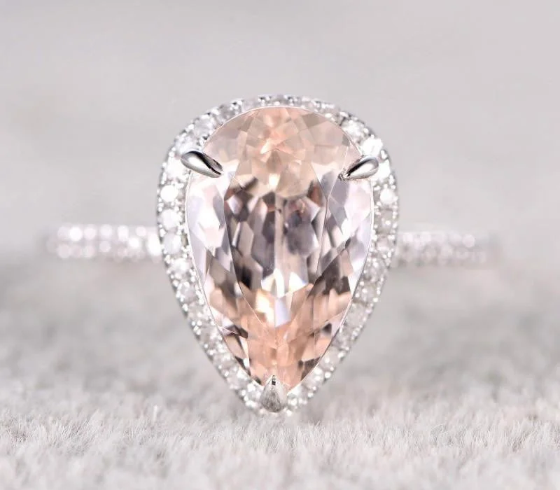 gemstone engagement rings for women -Sale 1.50 Carat Pear Cut Morganite And Diamond Moissanite Halo Engagement Ring in 10k White Gold for Women