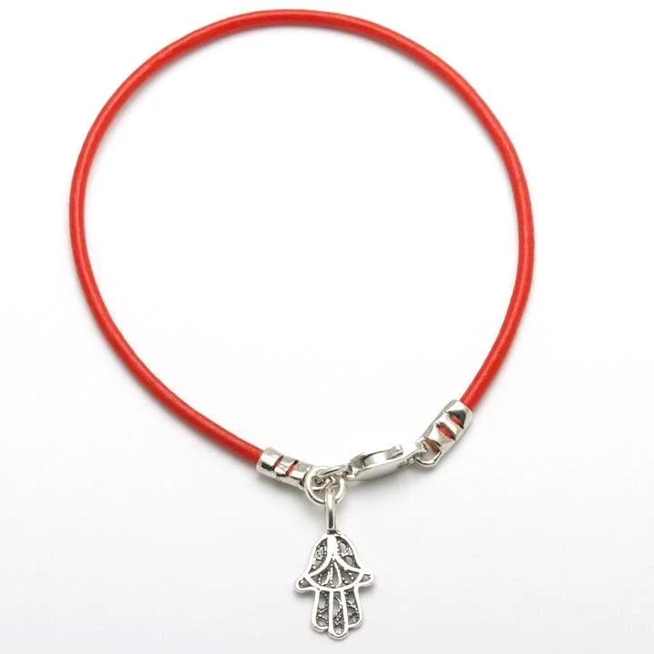 women’s luxury bangles -Sterling Silver Filigree Hamsa Red Leather Bracelet