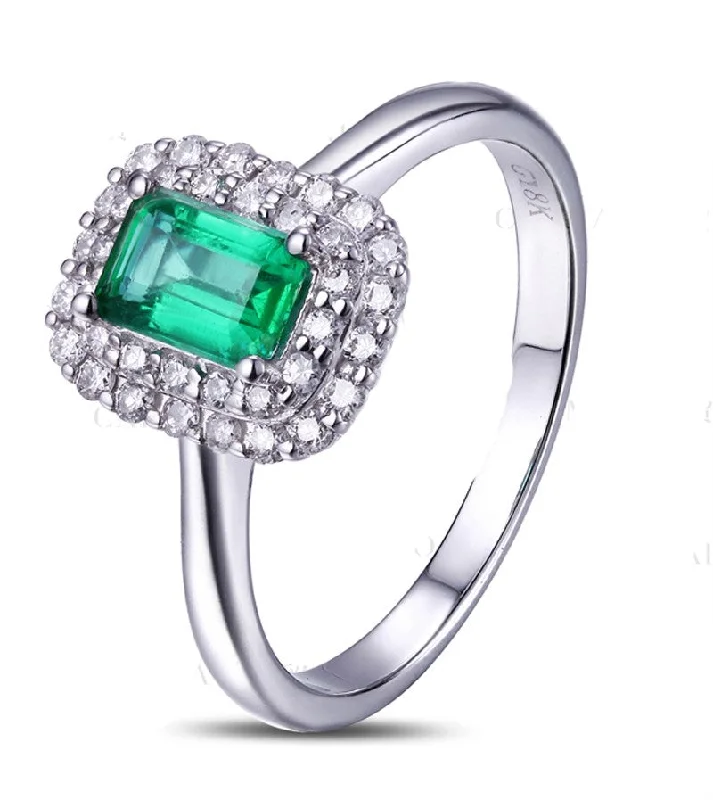 beautiful emerald engagement rings -1.50 Carat Emerald and Moissanite Diamond double Halo Engagement Ring in White Gold