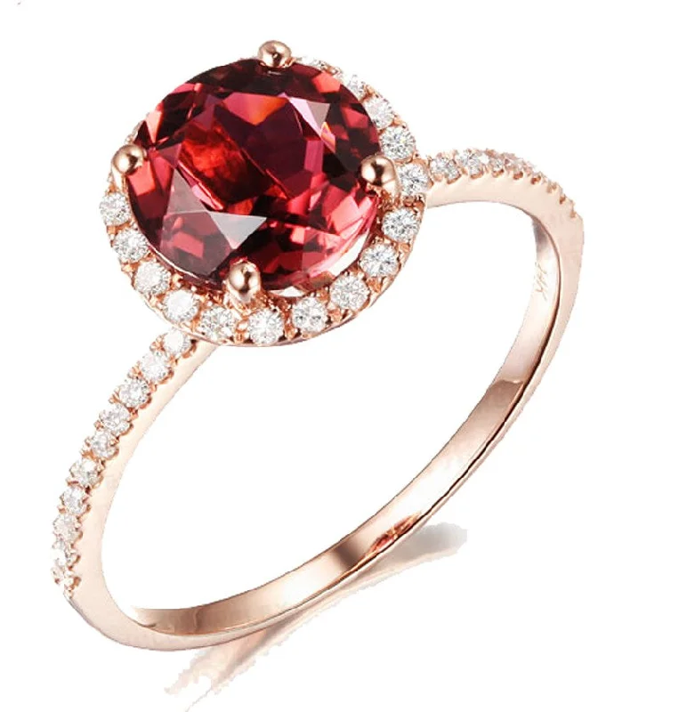 classic engagement rings for women -1.50 Carat Round Ruby and Moissanite Diamond Halo Engagement Ring for Women in Rose Gold