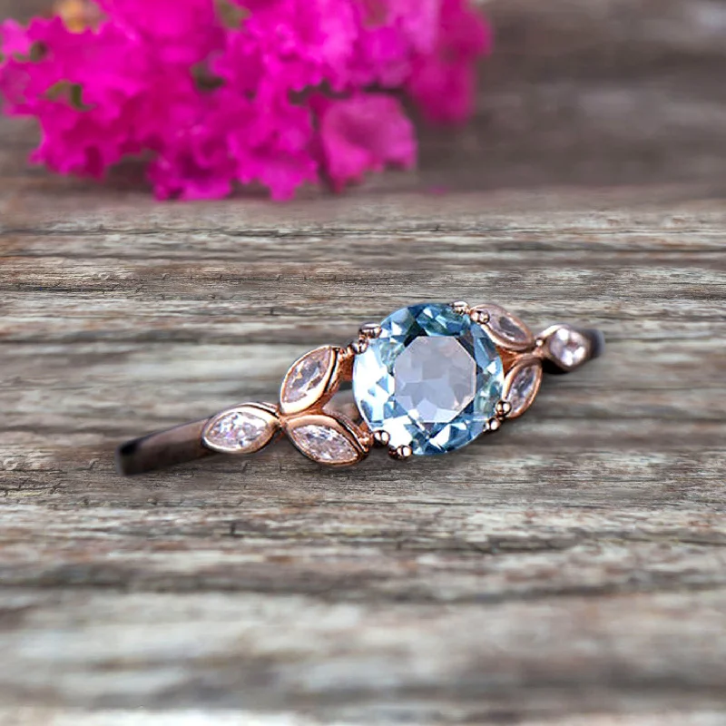 women’s wedding and engagement rings -Blue Aquamarine Engagement Ring 1.25 Carat Round Cut Unique Design Stunning Look 10k Rose Gold