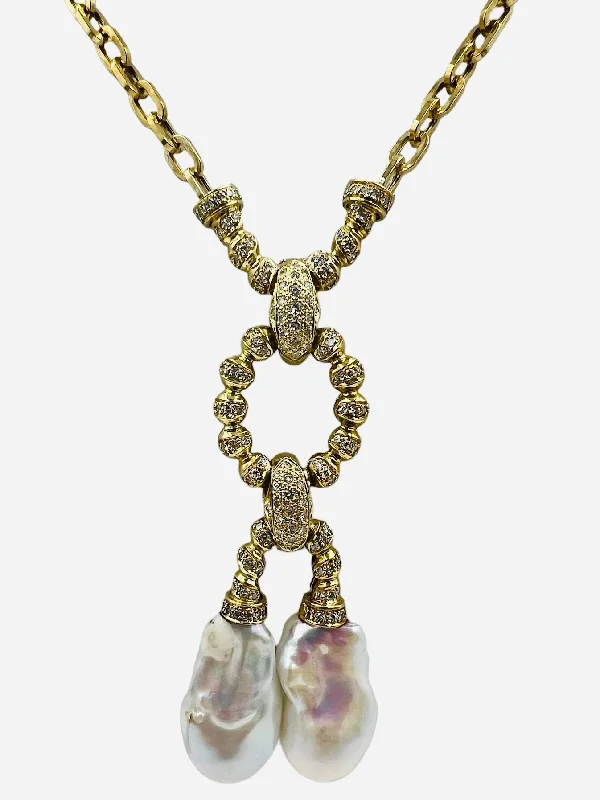 fashion necklaces for women -Estate Biwa Pearl Diamond Yellow Gold Link Necklace