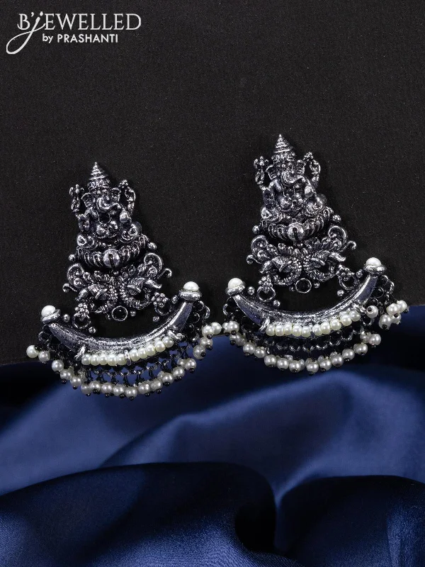 studded earrings for women -Oxidised Earrings ganesha design with black stones and pearl hangings