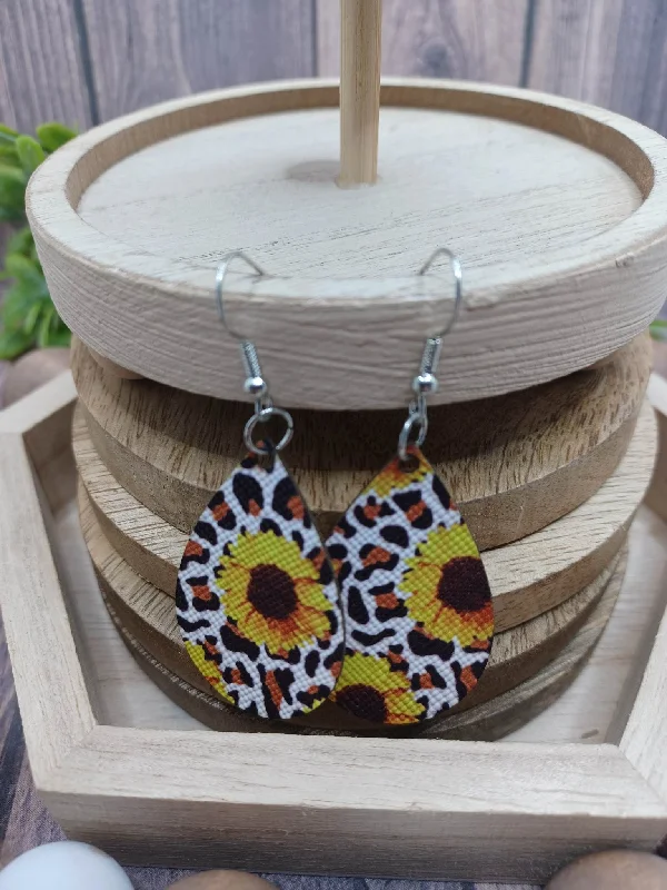 luxury diamond earrings for women -Sunflower & Leopard Print Dainty Teardrop Earrings