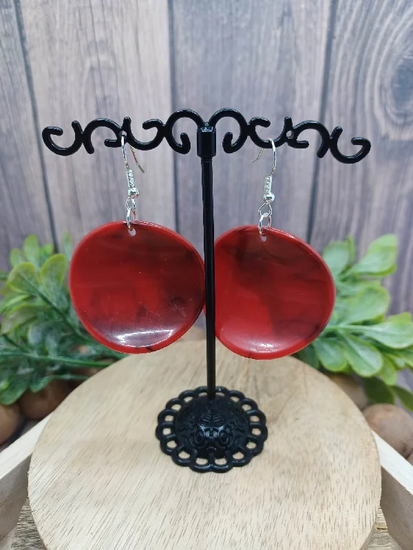 handmade gemstone earrings -Red Marbled Bowed Circle Style Earrings