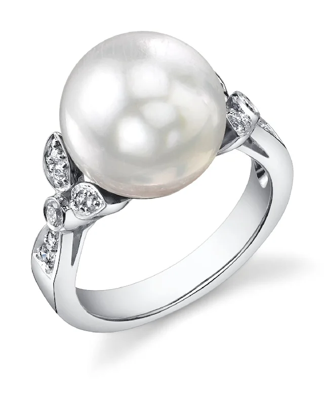 women’s solitaire rings -White South Sea Pearl & Diamond Floret Ring