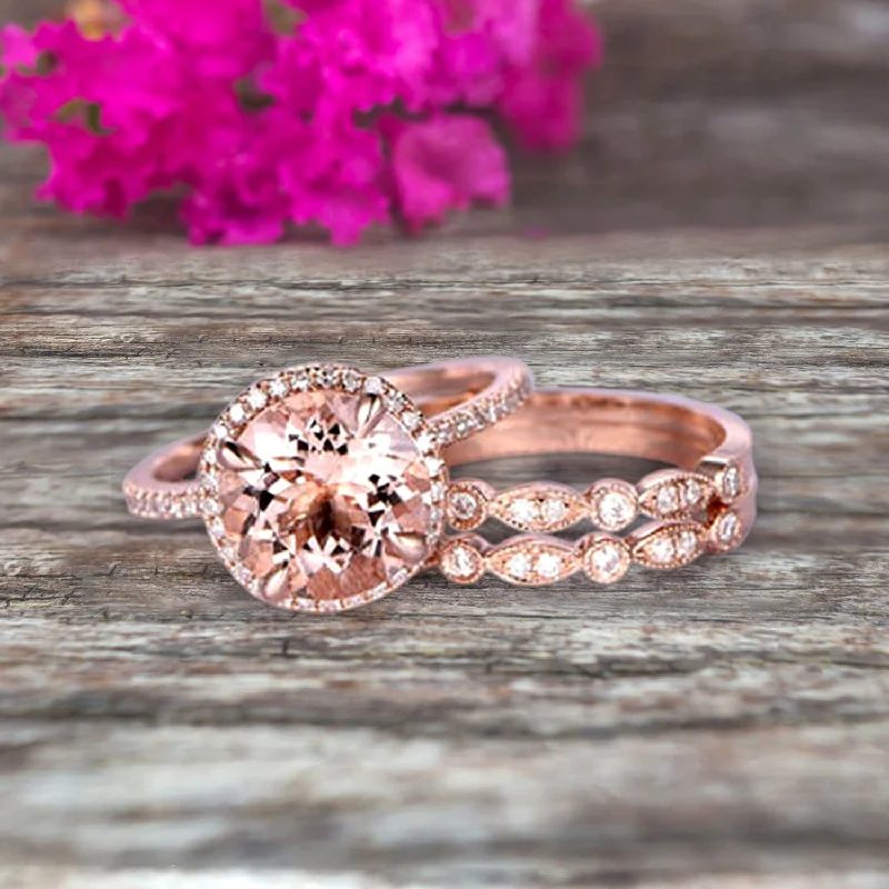 radiant cut engagement rings -Trio Set Big Morganite Wedding Ring Set Engagement Ring On 10k Rose Gold Stacking Matching Band Round Cut Gemstone Personalized for Brides