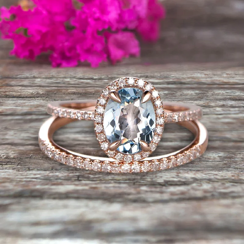 silver engagement rings -Oval Cut 1.75 Carat Aquamarine Bridal Ring Set Engagement Ring On 10k Rose Gold Stacking Matching Moissanite Diamond Wedding Band