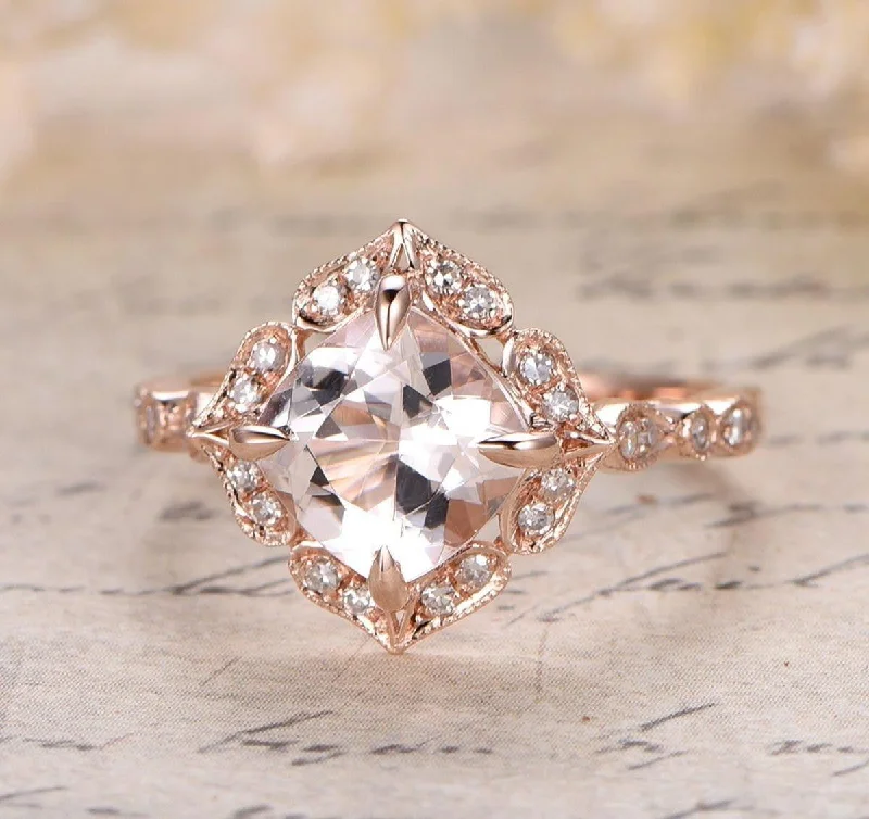 women’s contemporary engagement rings -Limited Time Sale Antique 1.25 Carat Cushion Cut Morganite And Diamond Moissanite Engagement Ring in 10k Rose Gold for Women