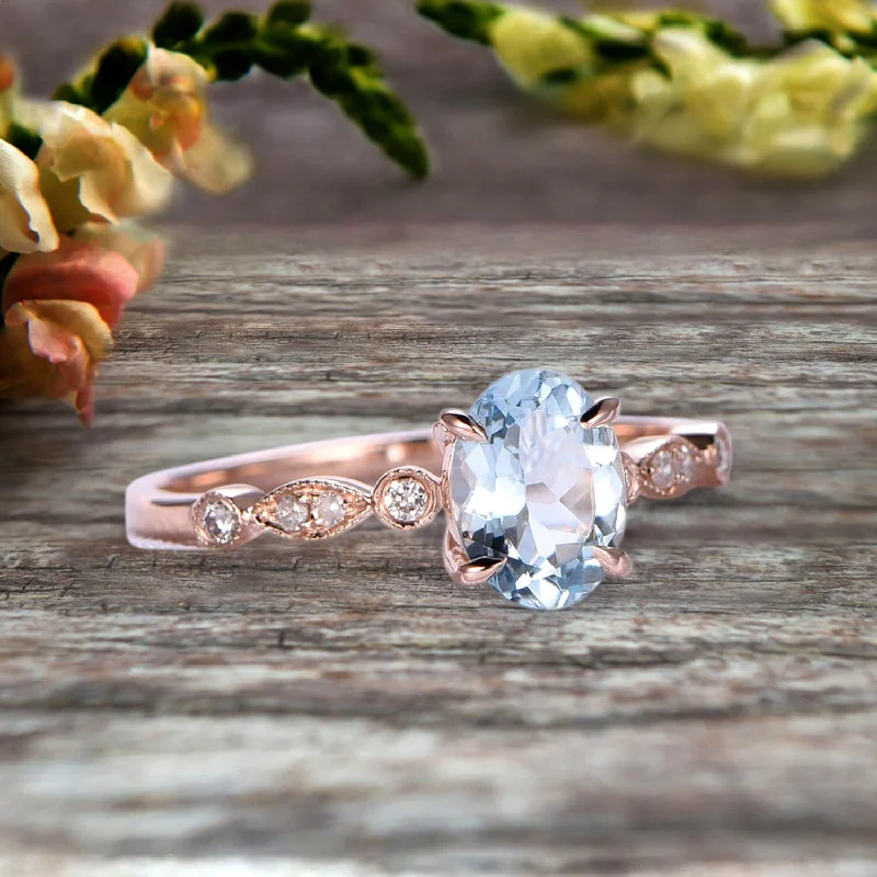 designer engagement rings -Oval Cut Art Deco 10k Rose Gold Anniversary Gift Personalized for Brides 1.25 Carat Wedding Ring Aquamarine Engagement Ring