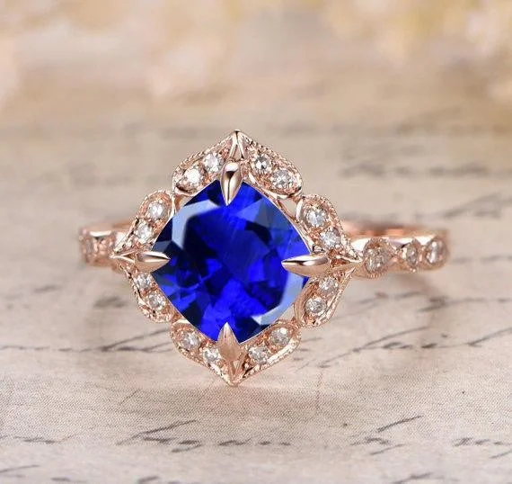 gold engagement rings for women -Handmade 1.25 Carat Blue Sapphire and Moissanite Diamond Engagement Ring in 10k Rose Gold for Women on Sale