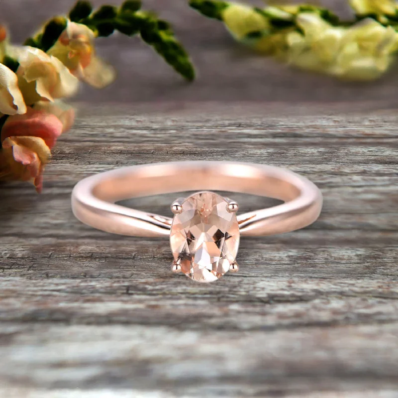 alternative gemstone engagement rings -1 Carat Oval Cut Morganite Solitaire Engagement Ring On 10k Rose Gold Art Deco Shining Startling Ring Anniversary Gift