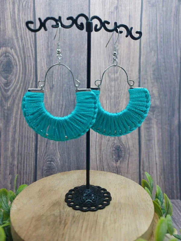 stacked earrings for women -Silver Earrings w/ Turquoise Threaded Detail