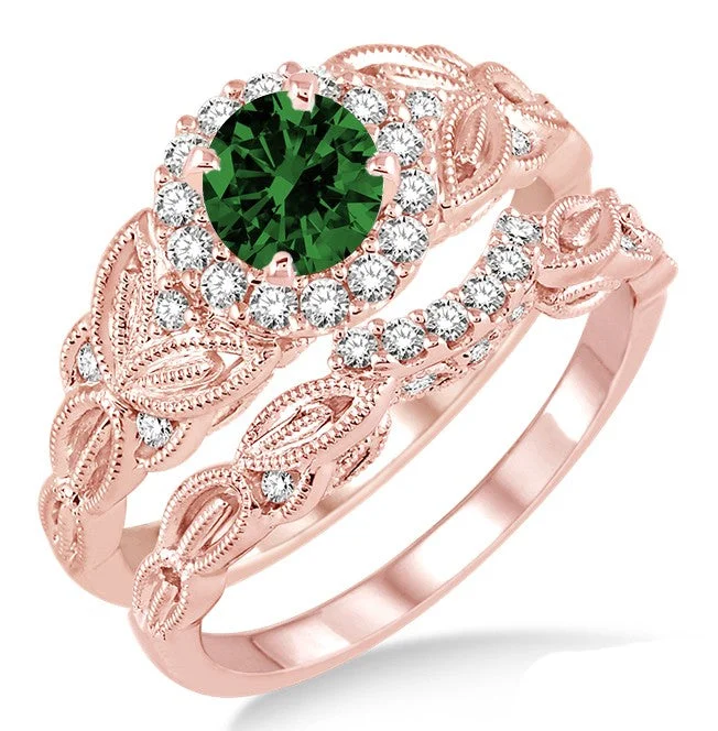 engagement rings with side stones -1.25 Carat Emerald Vintage floral Bridal Set Engagement Ring on 10k Rose Gold