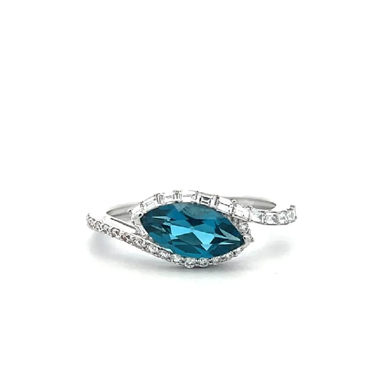 chunky rings for women -14K White Gold 1.56ctw Marquise London Blue Topaz & Diamond Bypass Ring