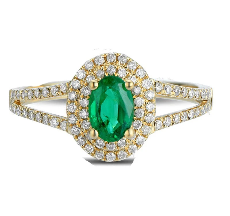 silver engagement rings -Antique double Halo 2 Carat Emerald and Moissanite Diamond Engagement Ring in Yellow Gold