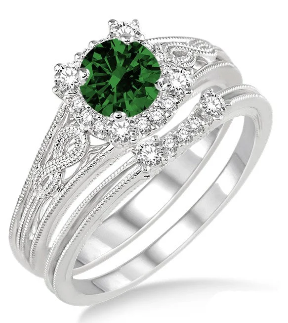 emerald and diamond engagement rings -1.25 Carat Emerald Vintage halo floral Bridal Set Engagement Ring on 10k White Gold