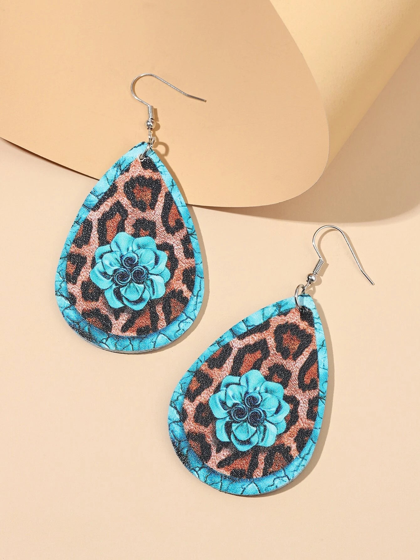 gold drop earrings for women -Turquoise Flower w/ Leopard Print Earrings