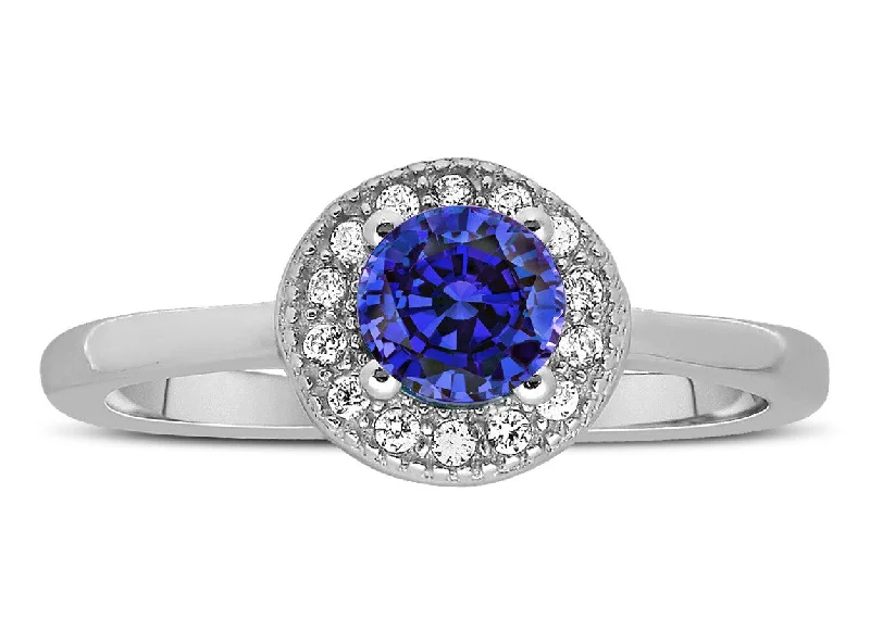 women’s stackable engagement rings -Unique 1.50 Carat Halo Sapphire and Moissanite Diamond Engagement Ring in White Gold